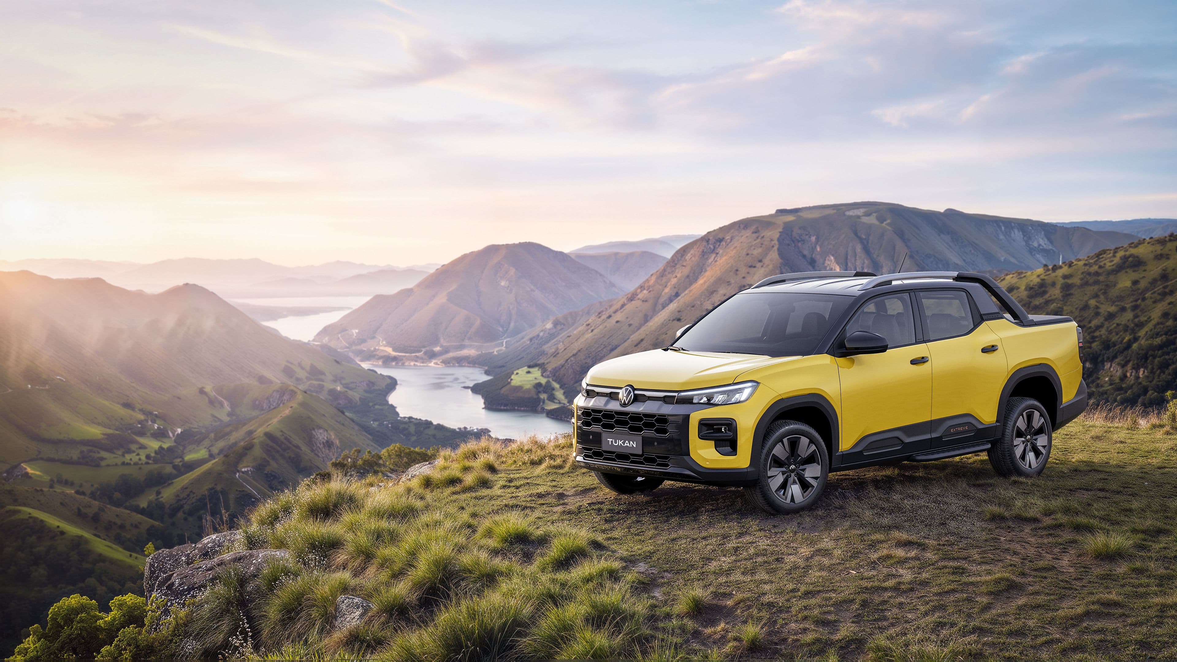 Volkswagen Tukan Extreme amarilla de doble cabina frente a un paisaje montañoso en Brasil.