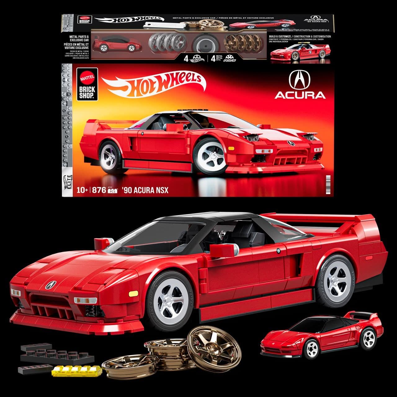 Acura NSX rojo construido con bloques junto a una miniatura Hot Wheels